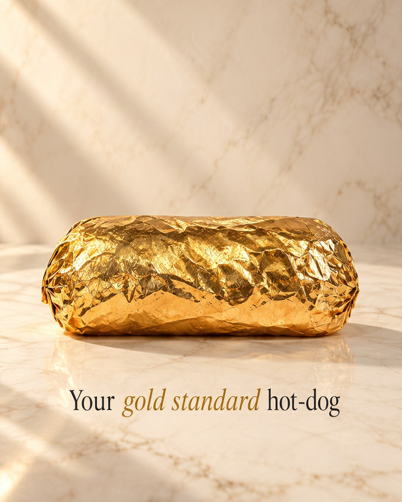 Gold-wrapped O33U hot dog on marble. Your gold standard hot-dog.