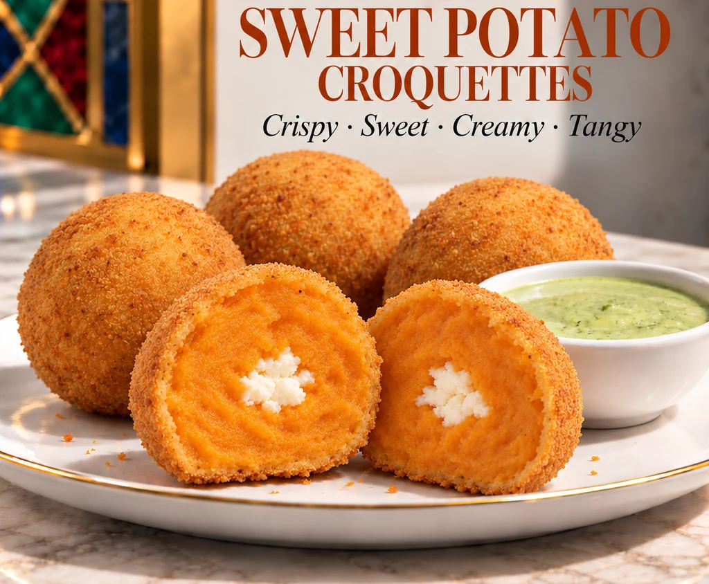 Golden sweet potato croquettes with a creamy feta centre and green dipping sauce